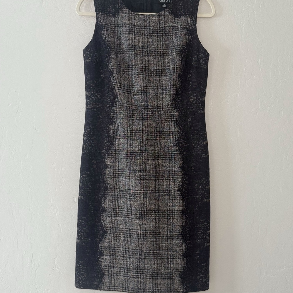 Chetta B Black and Gray Plaid Lace-Panel Midi Dress